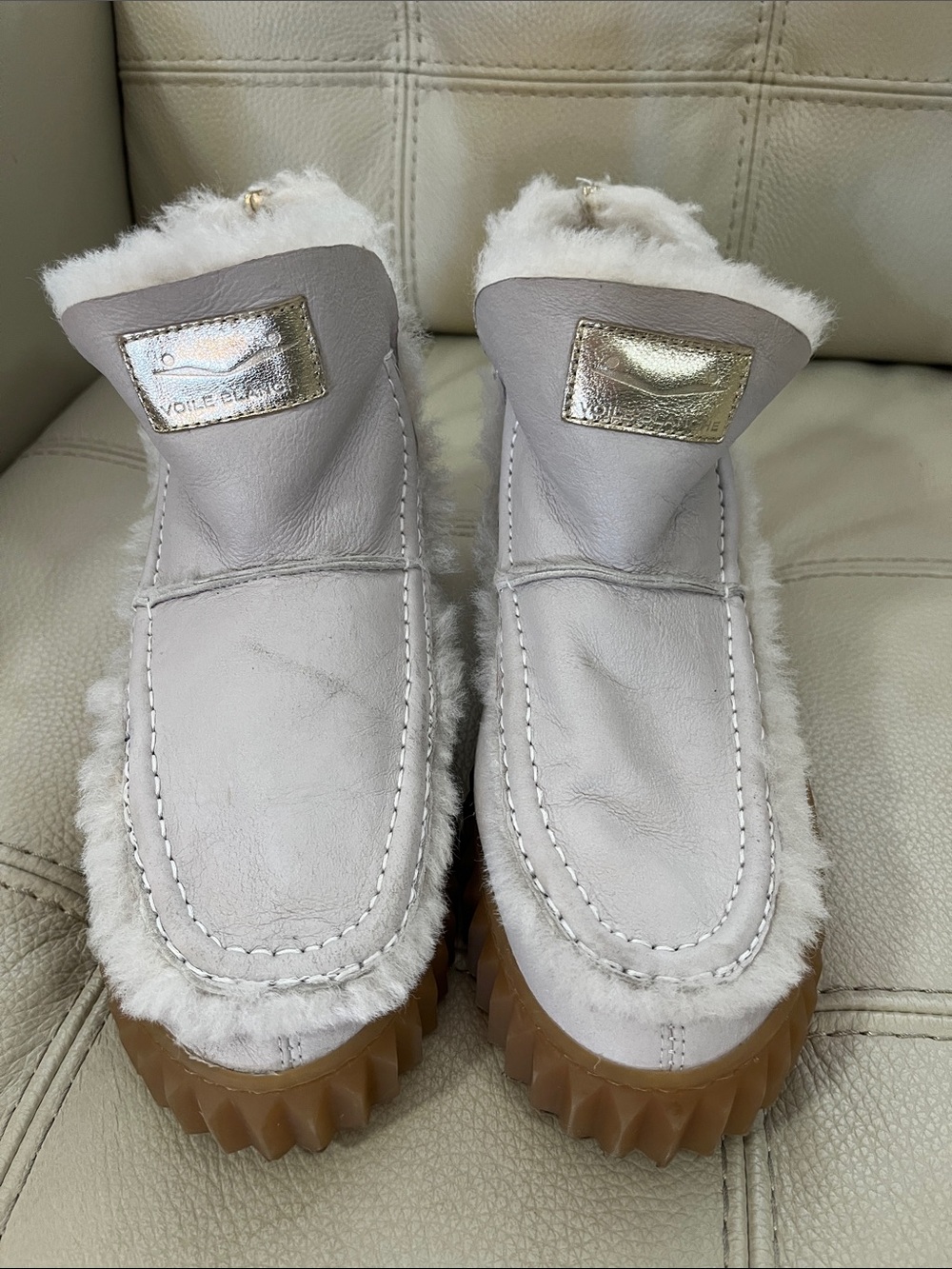 Voile Blanche Gray Leather Shearling-Trim Mules with Tan Sole Size 6.5-7